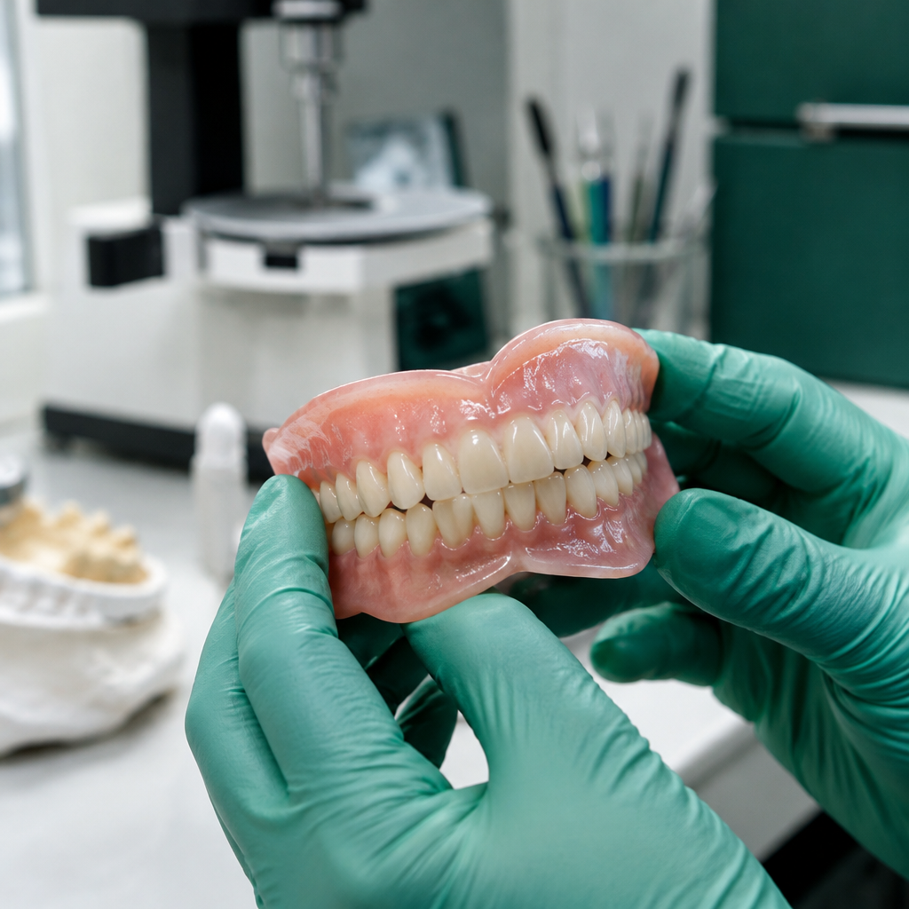 Technician holding a hand-finished acrylic denture (placeholder image)